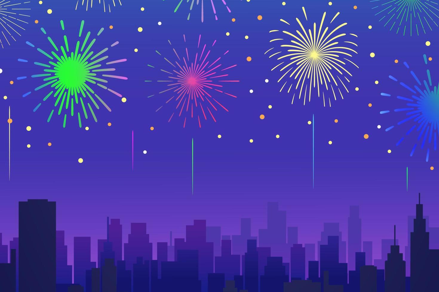 Feast fireworks performance over the city at night for neon holiday and celebration background design in vector illustration