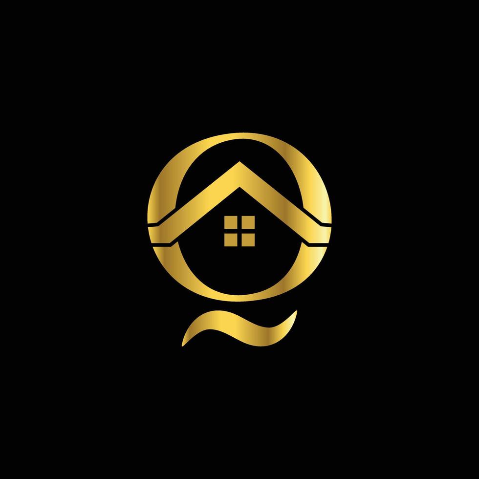 Minimalist flat logo design Vector combination of Home and Letter Q in color gold