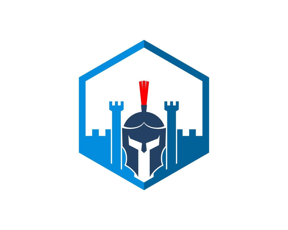 Hexagonal shape with fortress and spartan helmet vector