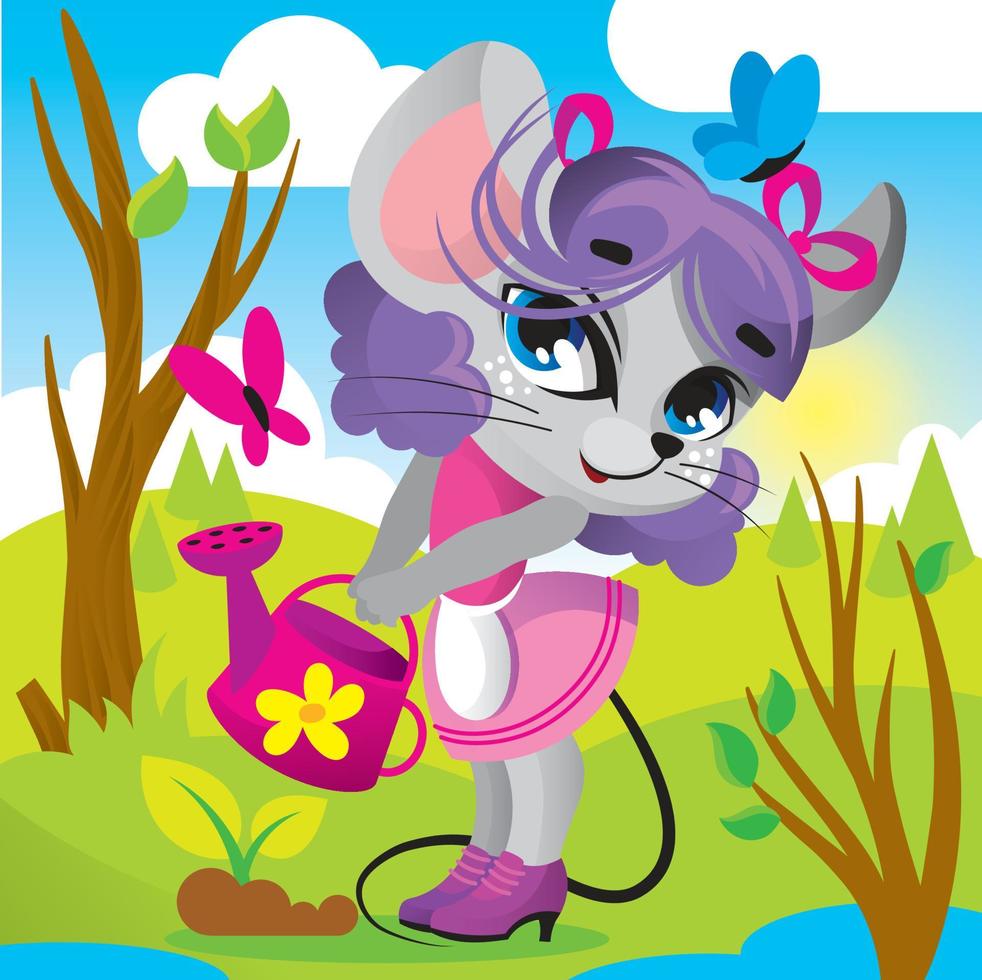 girl mouse watering a sprout from a watering can in spring vector