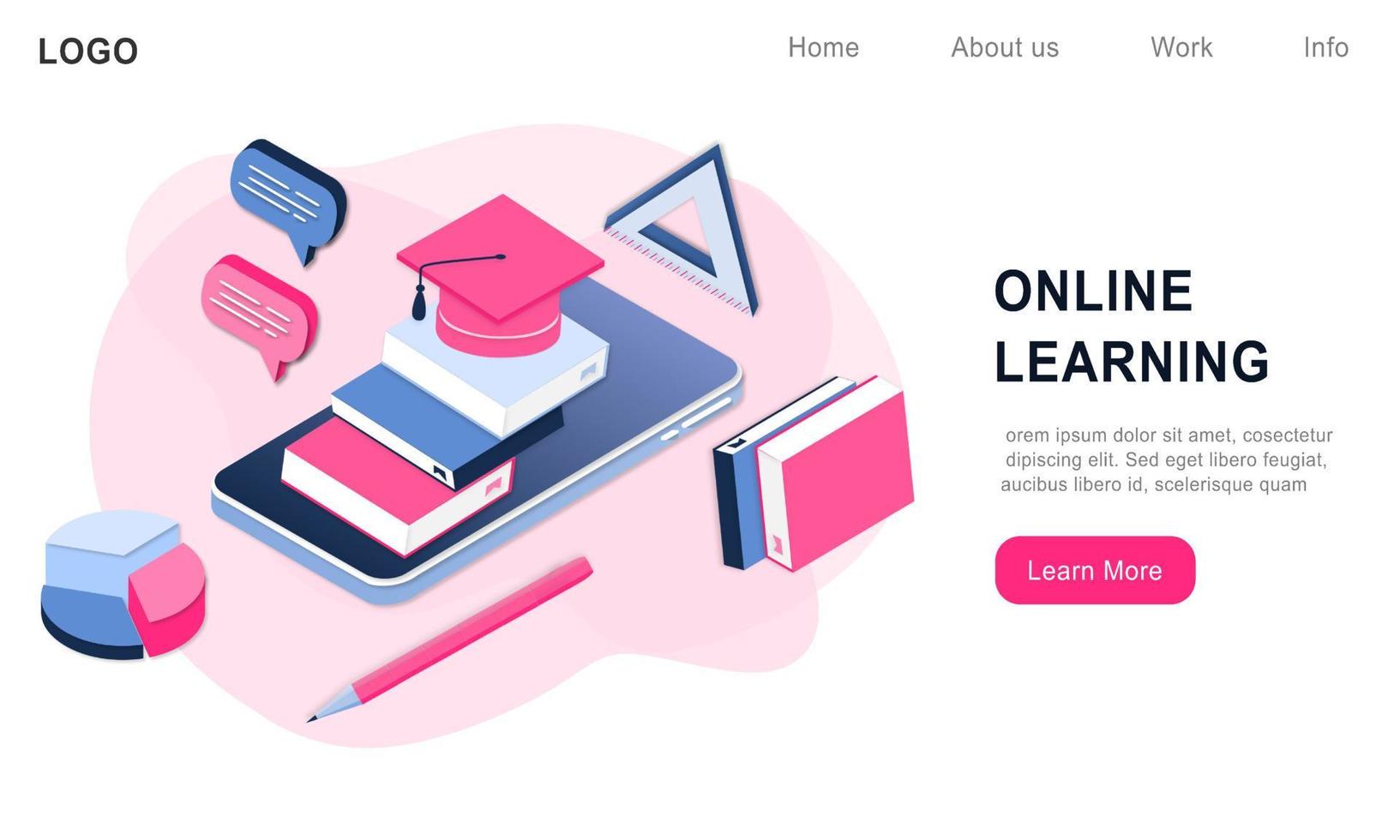 Modern 3d isometric concept of Online Education for banner website. Realistic landing page template vector illustration online learning, internet course, remote, tutorial on mobile phone application.