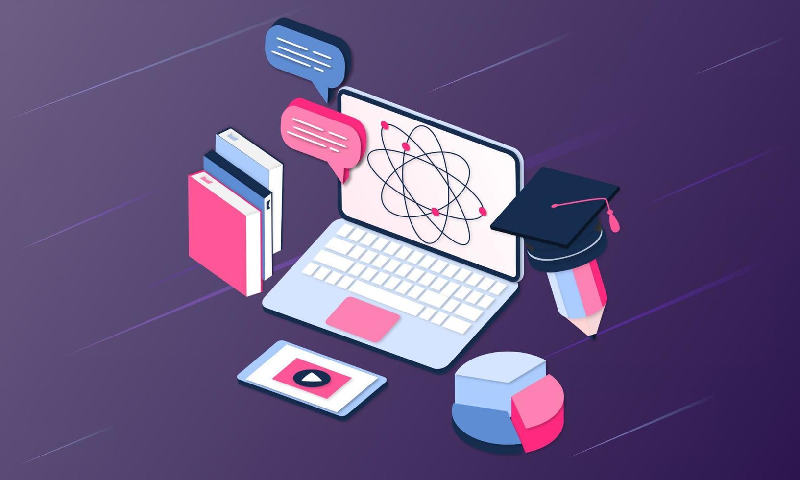 Modern 3d isometric concept of Online Education for banner website. Realistic landing page template vector illustration online learning, internet course, remote, tutorial on mobile phone application.