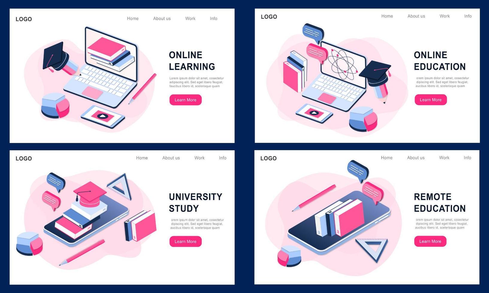 Set of modern 3d isometric concept of online education, online learning, remote education, university study for banner website. Realistic landing page template vector illustration on mobile and laptop