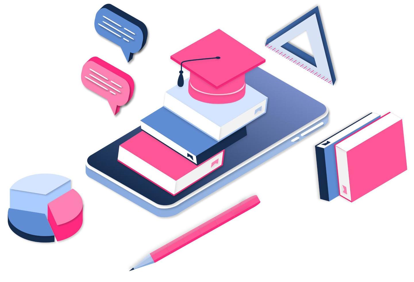 Modern 3d isometric concept of Online Education for banner website. Realistic landing page template vector illustration online learning, internet course, remote, tutorial on mobile phone application.