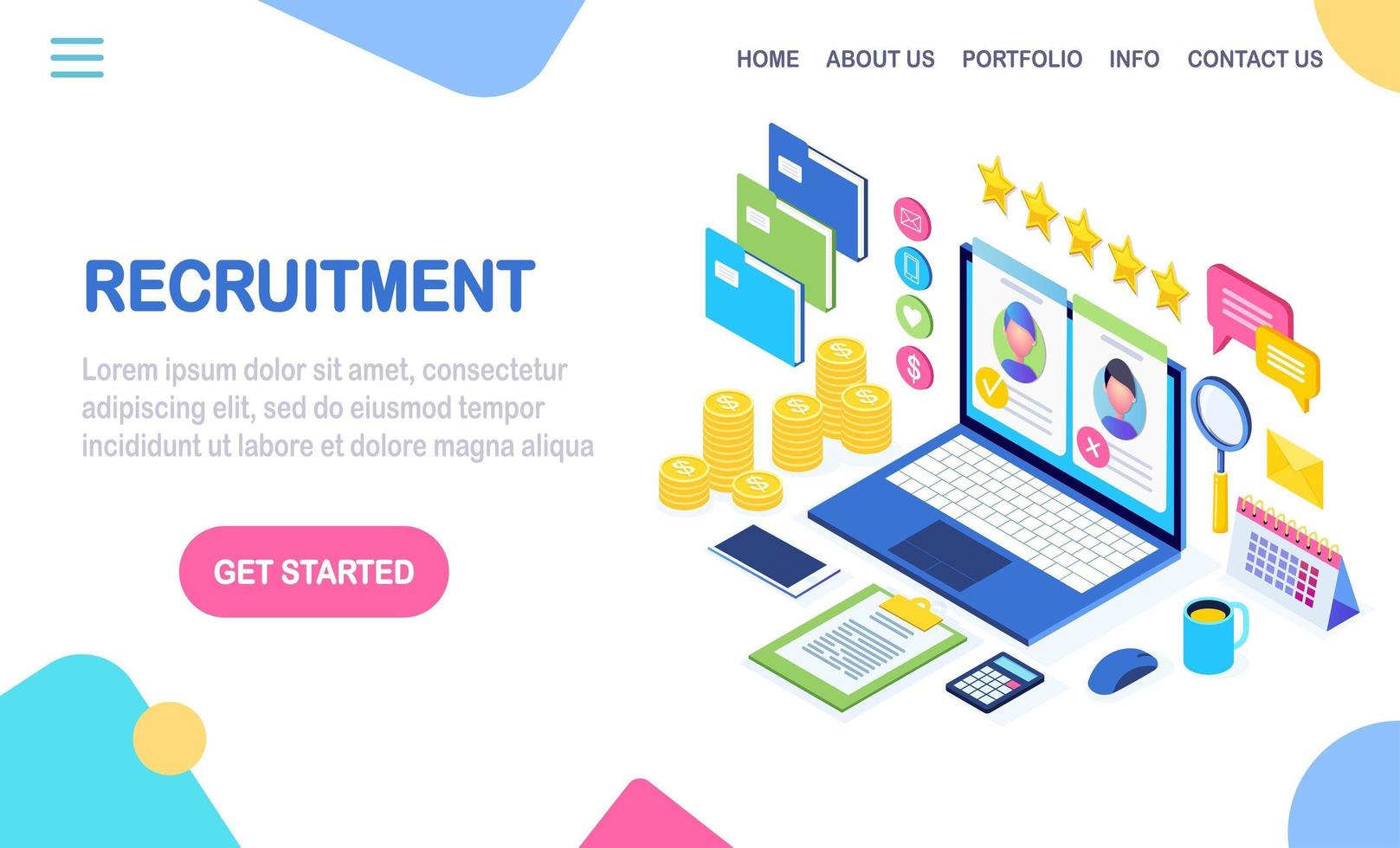 Recruitment. 3d isometric computer, laptop, pc with cv resume, folder, stars. Human Resources, HR. Hiring employees. Job interview. Vector design for banner