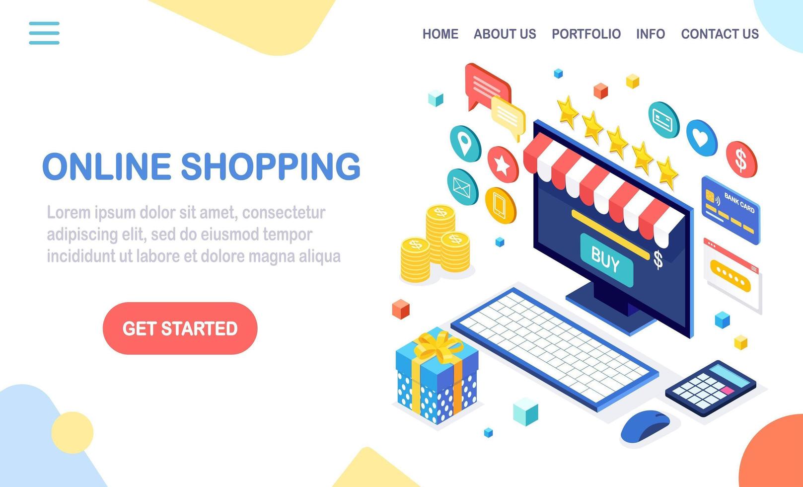 Online shopping , sale concept. Buy in retail shop by internet. 3d isometric computer, laptop with money, credit card, customer review, feedback, gift box, surprise. Vector design for web banner