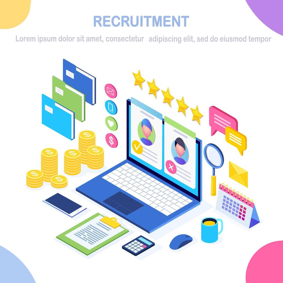 Recruitment. 3d isometric computer, laptop, pc with cv resume, folder, stars. Human Resources, HR. Hiring employees. Job interview. Vector design for banner