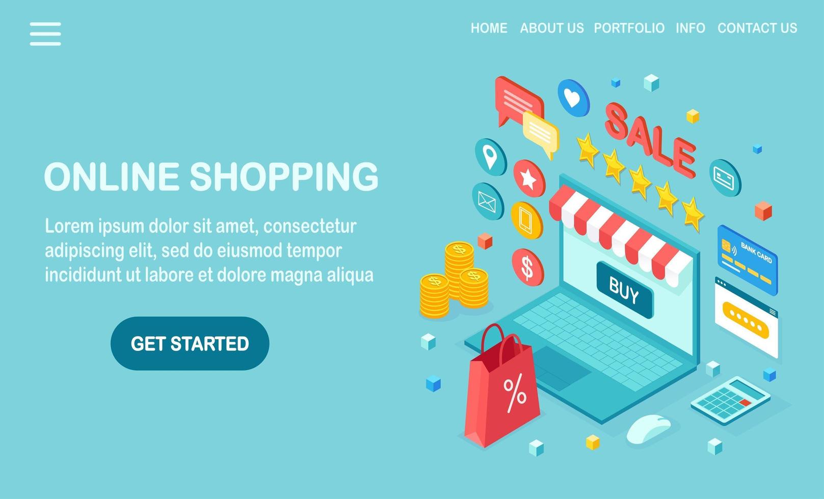 Online shopping concept. Buy in retail shop by internet. Discount sale. 3d isometric computer, laptop with money, credit card, customer review, feedback, bag, package. Vector design for web banner