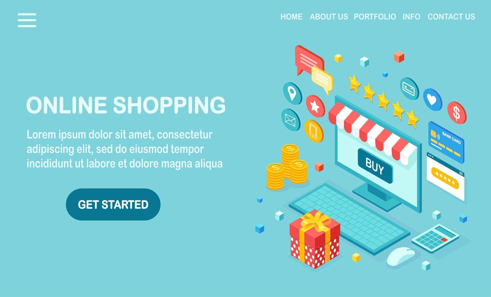 compras en línea, concepto de venta. comprar en tienda minorista por internet. Computadora isométrica 3d, computadora portátil con dinero, tarjeta de crédito, revisión del cliente, comentarios, caja de regalo, sorpresa. diseño vectorial para banner web vector