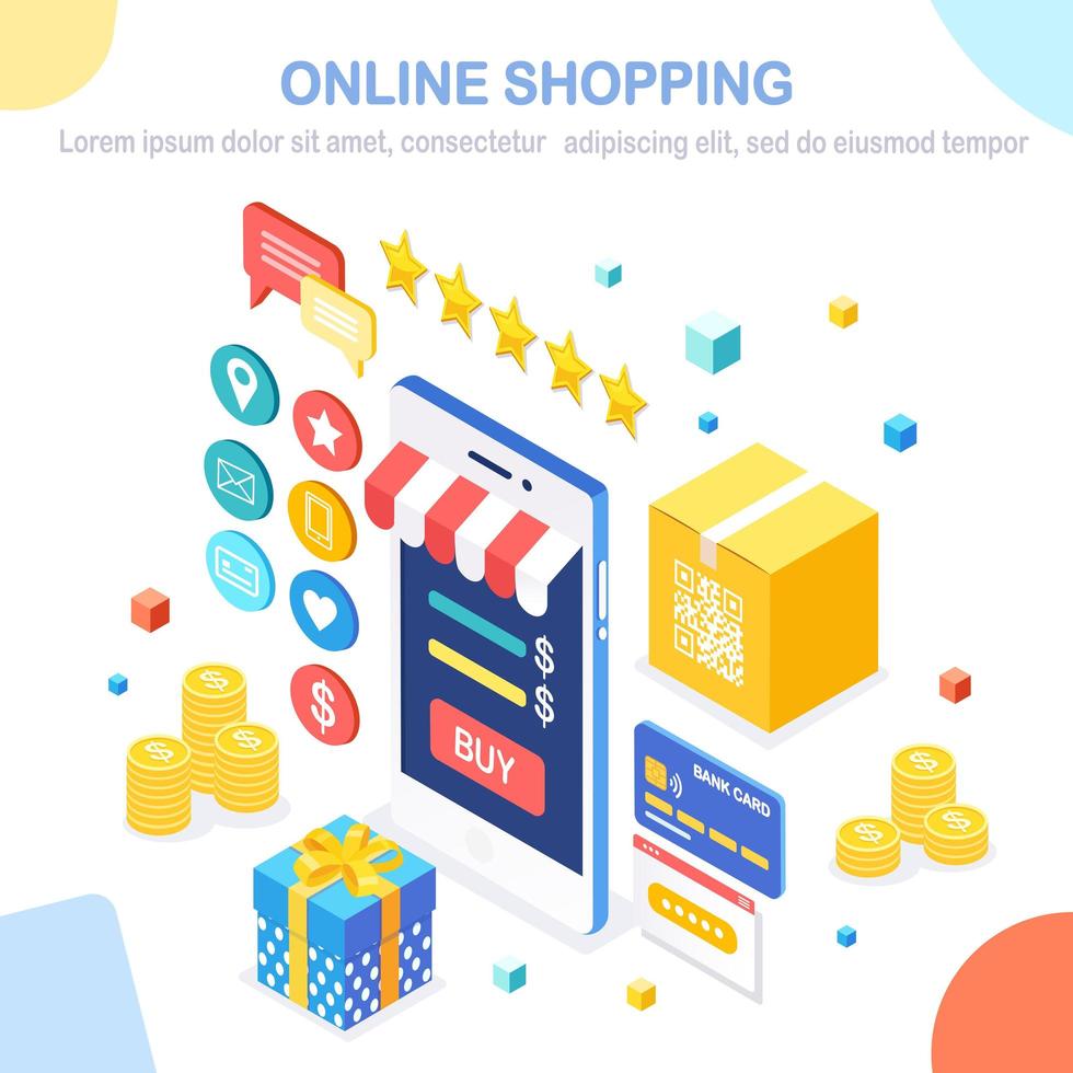 Online shopping concept. Buy in retail shop by internet. Discount sale. 3d isometric mobile phone, smartphone with money, credit card, customer review, feedback, gift box. Vector design for banner
