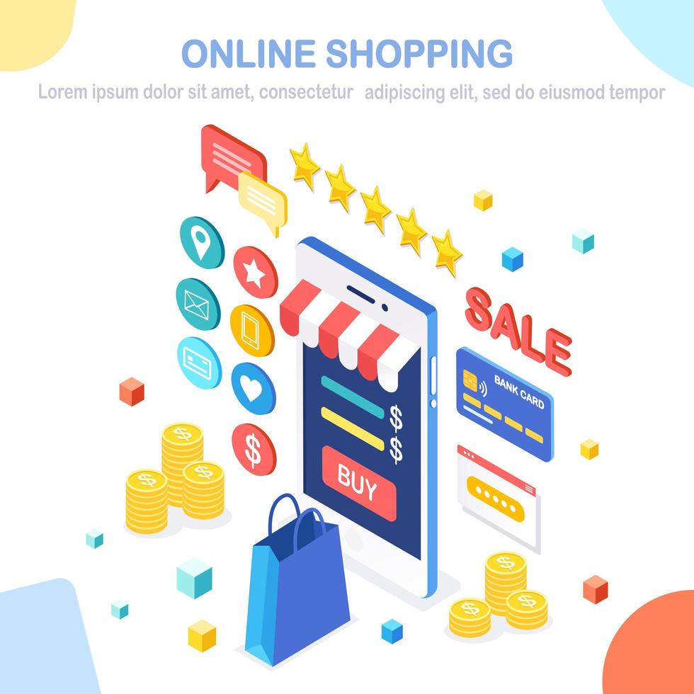 Online shopping concept. Buy in retail shop by internet. Discount sale. 3d isometric mobile phone, smartphone with money, credit card, customer review, feedback, bag, package. Vector design for banner
