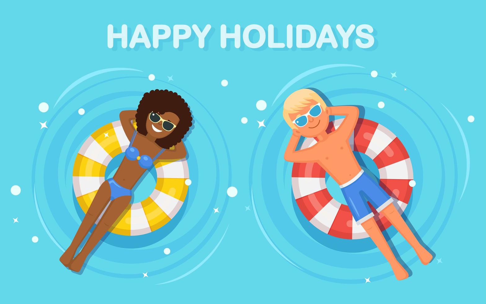 Smile woman, man swims, tanning on air mattress in swimming pool. Girl floating on toy with ball isolated on water background. Inflatable circle. Summer holiday, vacation, travel Vector flat design