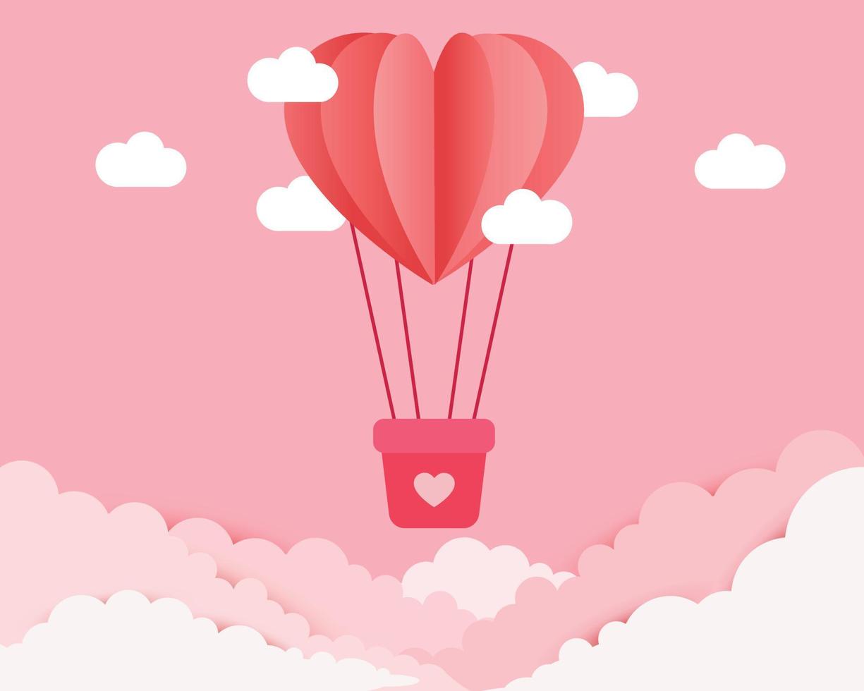Ilustración de globo de corazón con nubes sobre fondo rosa. vector eps10