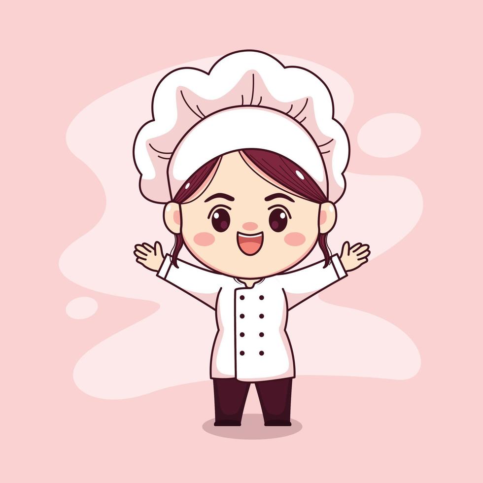 Cute y kawaii chef femenina con las manos arriba dibujos animados manga chibi vector character design