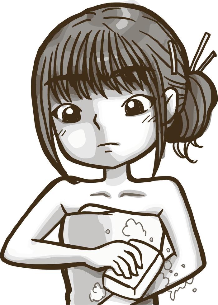 Cartoon girl rubbing soap bathe squirrel cute illustration clipart kawaii anime vector