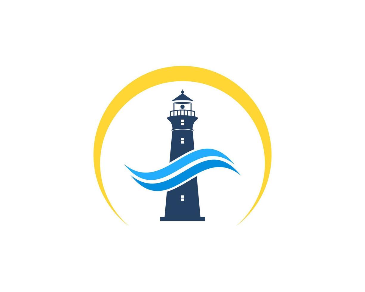 Simple lighthouse with wave and yellow swoosh vector