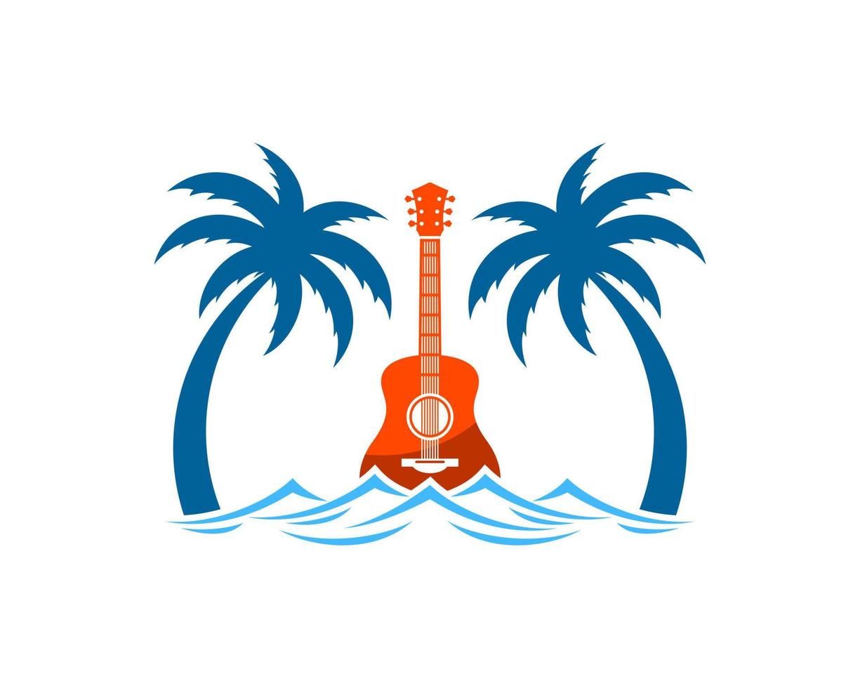 palmera con ola de playa y guitarra en el interior vector