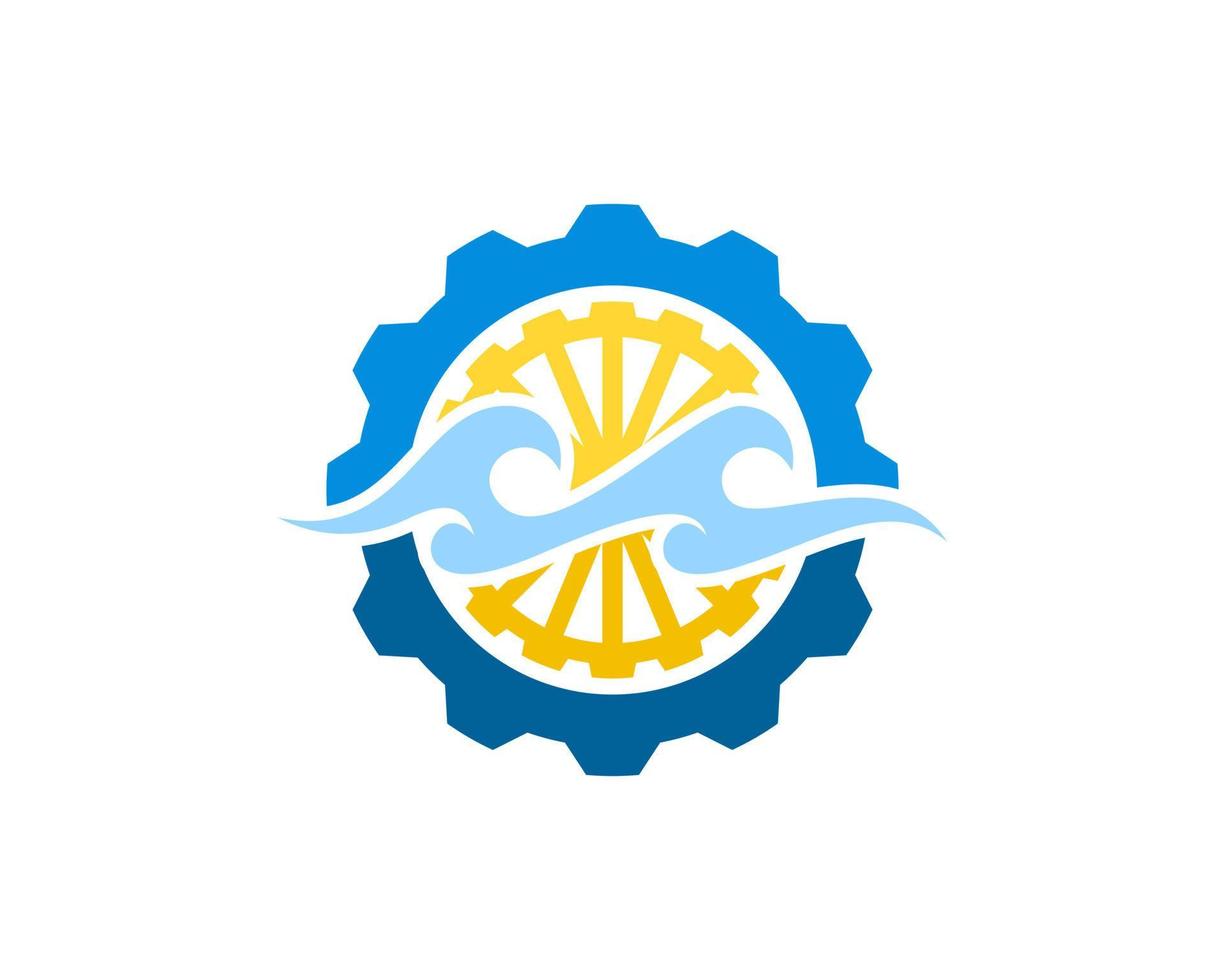 Mechanical gear with water mill and abstract beach wave inside vector