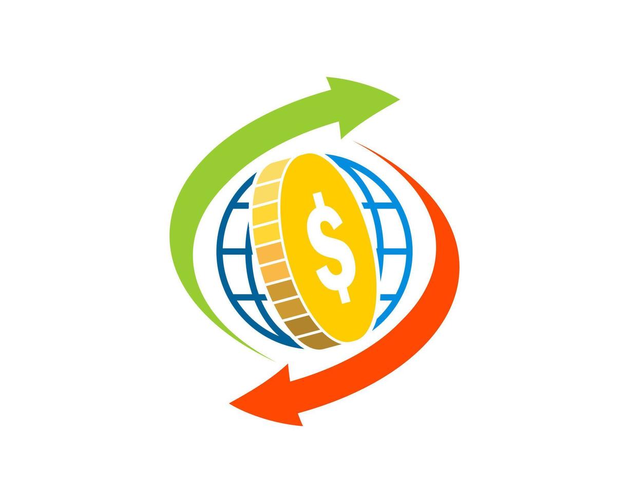 Upside down arrow with world money coin vector