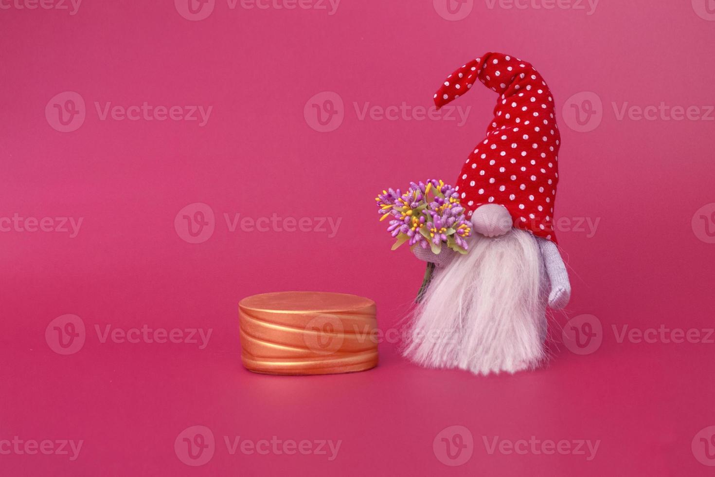 Geometric podiums with festive gnome to showcase cosmetic products. Showcase abstract background closeup photo