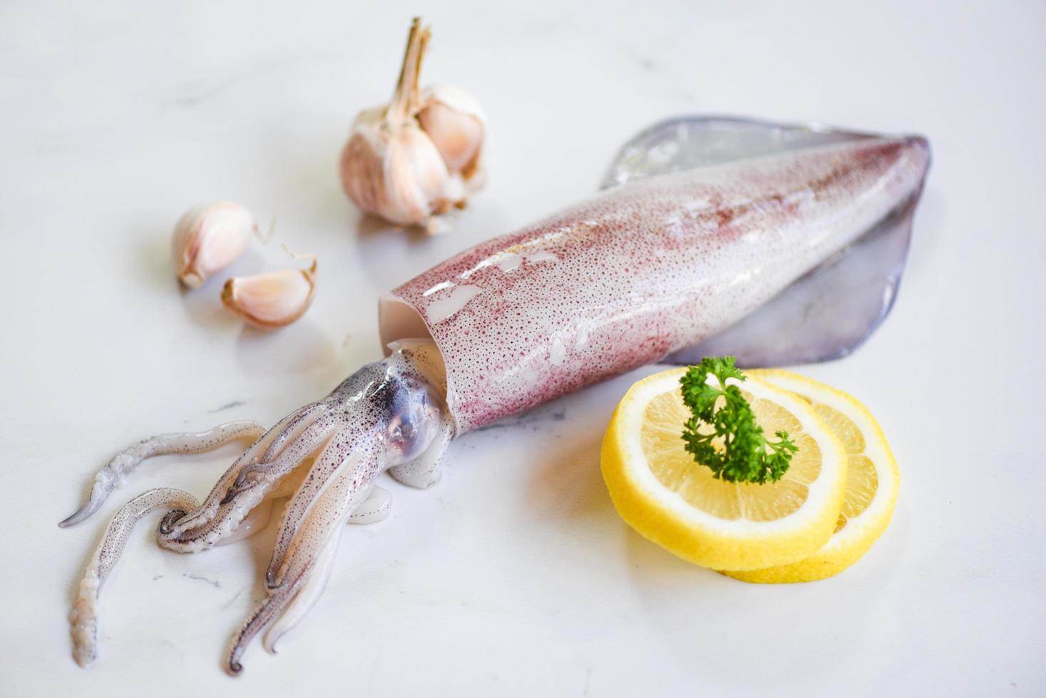 Calamares crudos sobre hielo con ensalada de especias limón ajo sobre fondo de placa blanca - calamares frescos pulpo o sepia para comida cocida en restaurante o mercado de mariscos foto