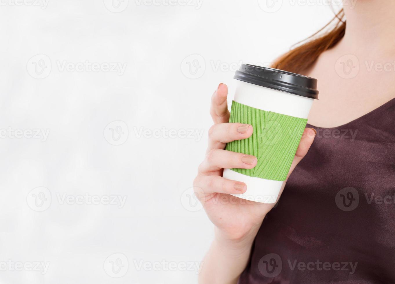 Girl with coffee. Morning drink.Top view. Mock up. Copy space. Template. Blank. photo