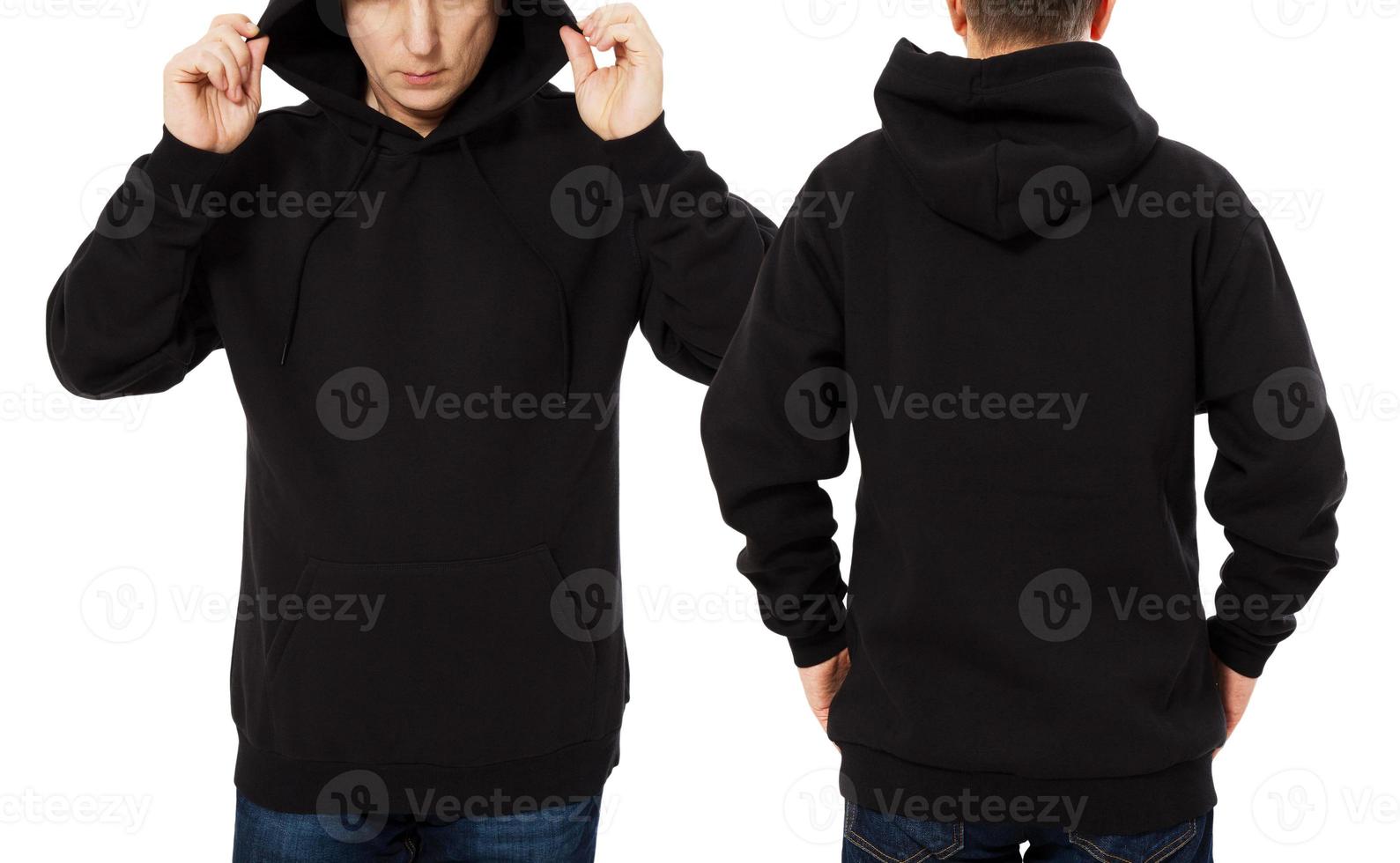 Man hoody set, black hoody front and back view, hood mock up. Empty ...