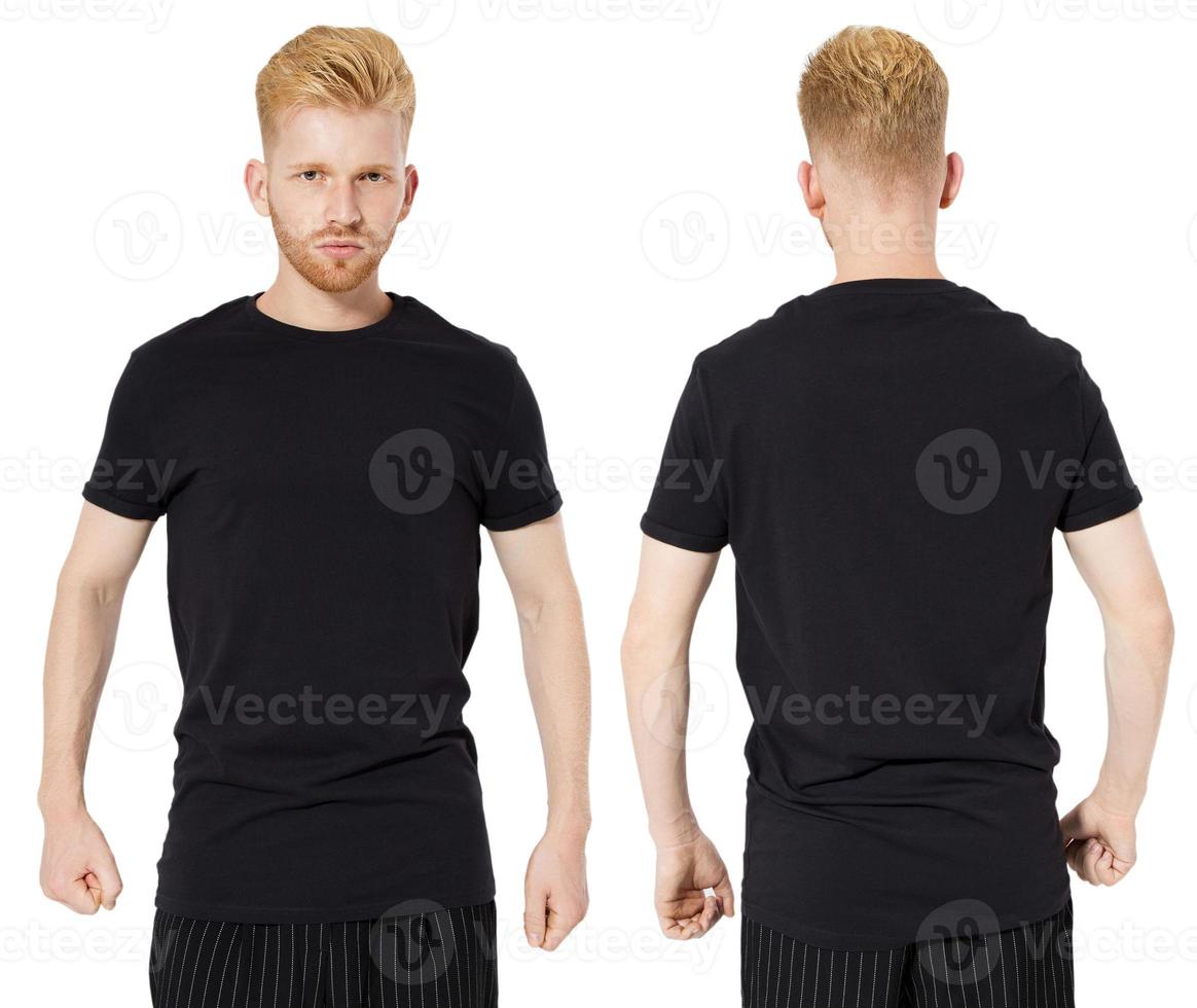 Black t shirt on a young man template on white background mock up set. photo