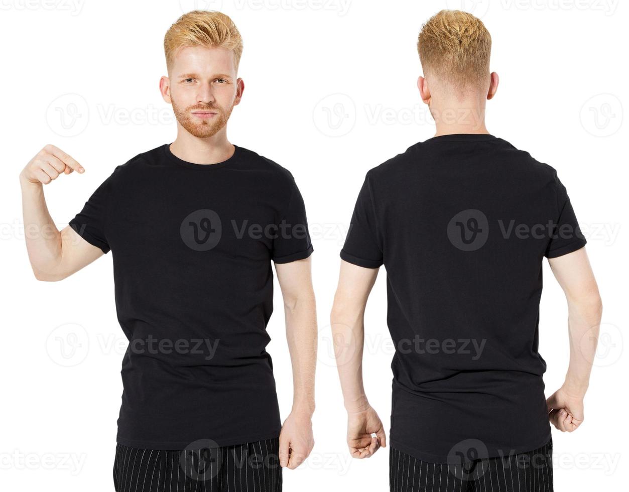 Handsome man in black t-shirt set on white background copy space mockup photo