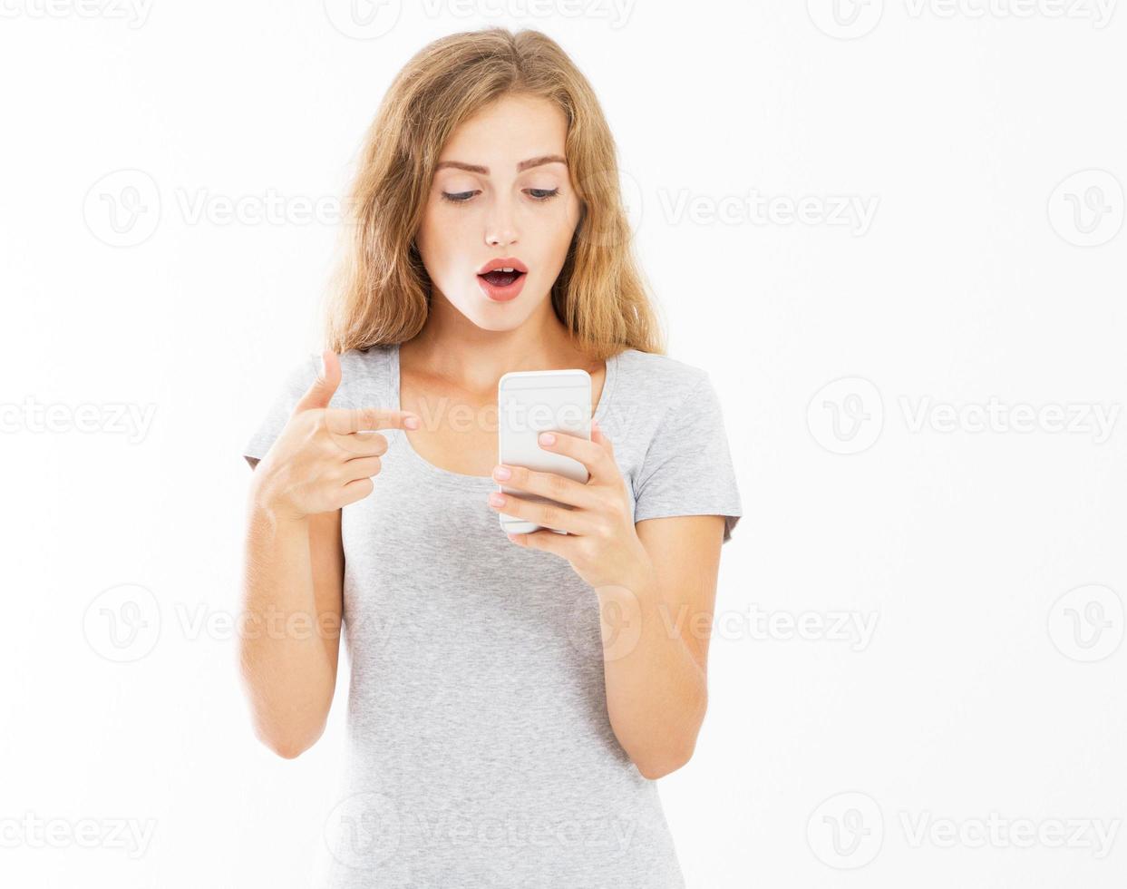 Wow concept - emotional girl woman holding phone isolated, mock up, winner hipster photo