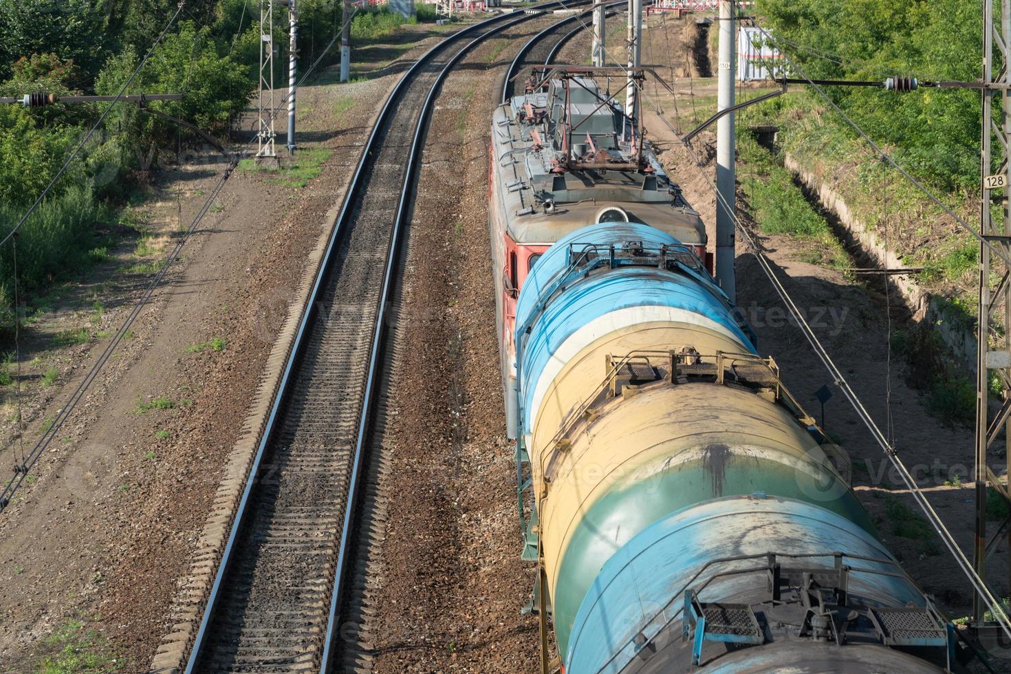 train with tank cars on the railroad tracks, top view photo