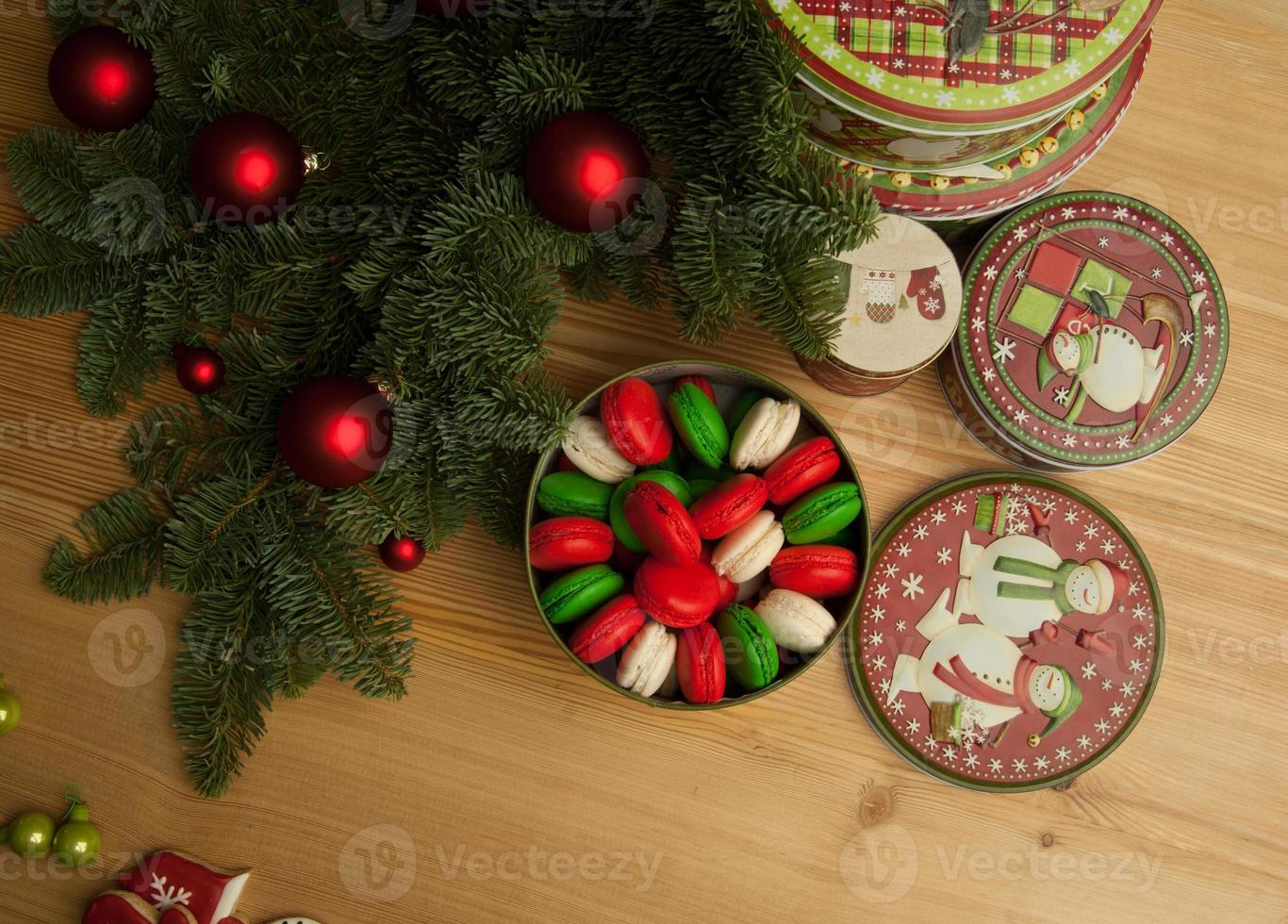 New Year Christmas cookies with Christmas decorations and the Christmas tree branch photo