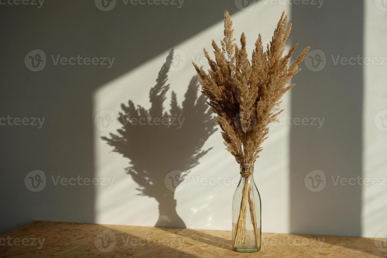 Still life of a bouquet of dried flowers in a glass bottle on a wooden table photo