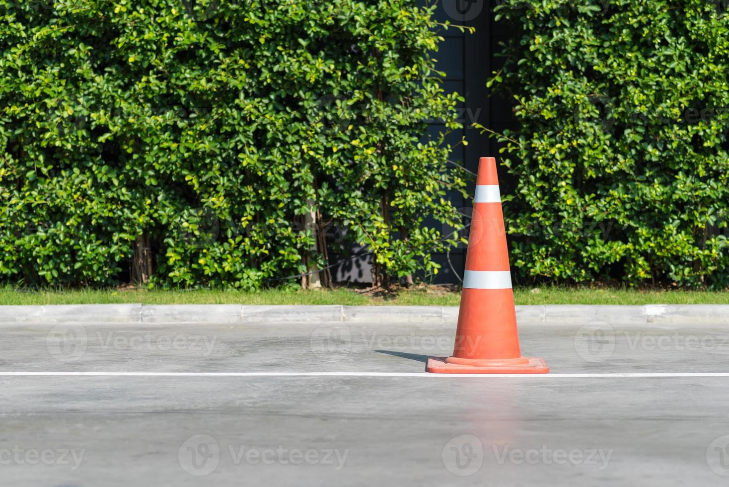 Single orange traffic cone on concrete street road with small park in background photo