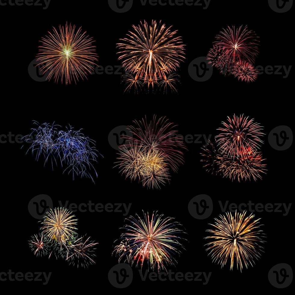 Color fireworks set light up on sky with dazzling display on black background. Event and celebrations background concept photo