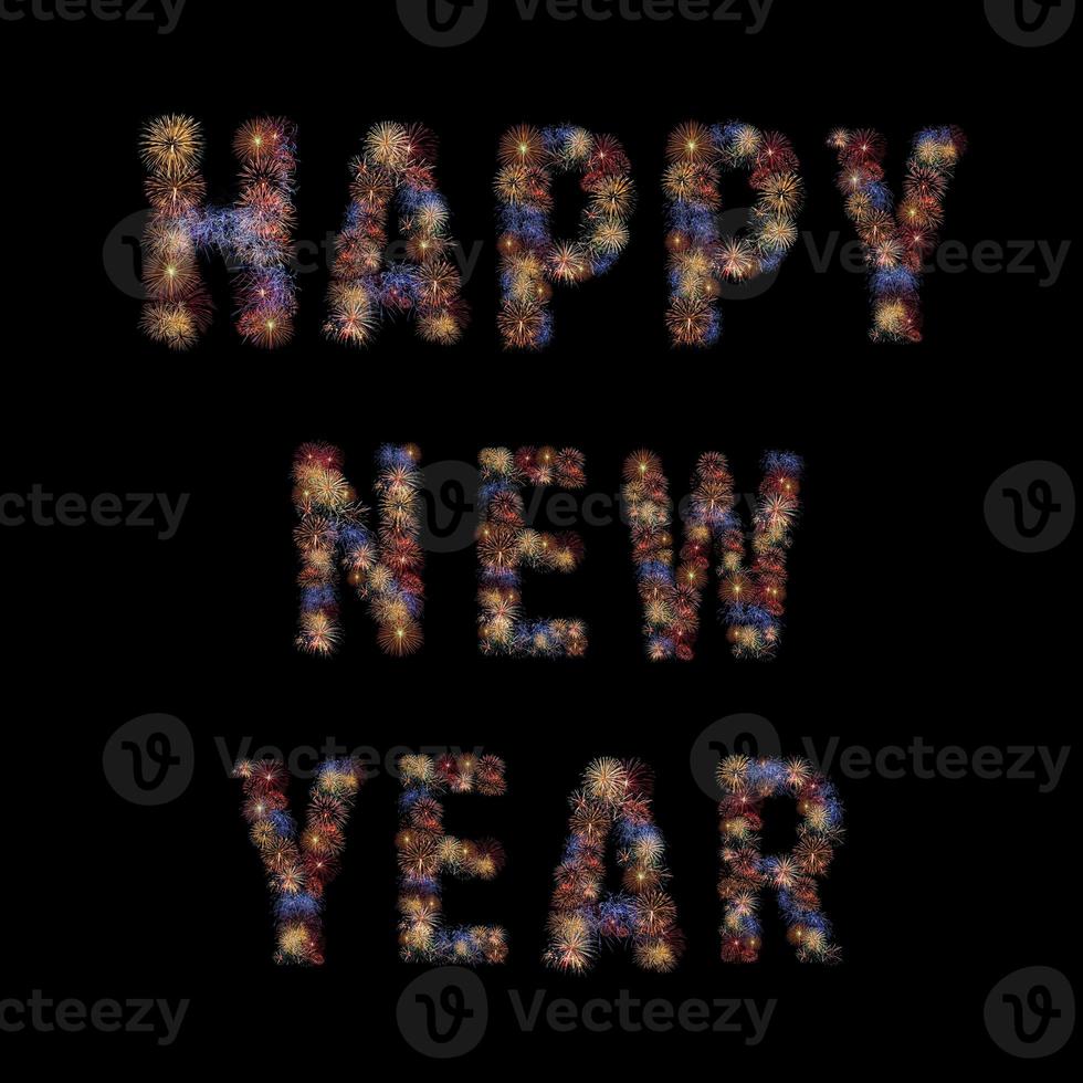 Colour fireworks light up forming a HAPPY NEW YEAR word on black background with dazzling display. Event and celebrations background concept photo