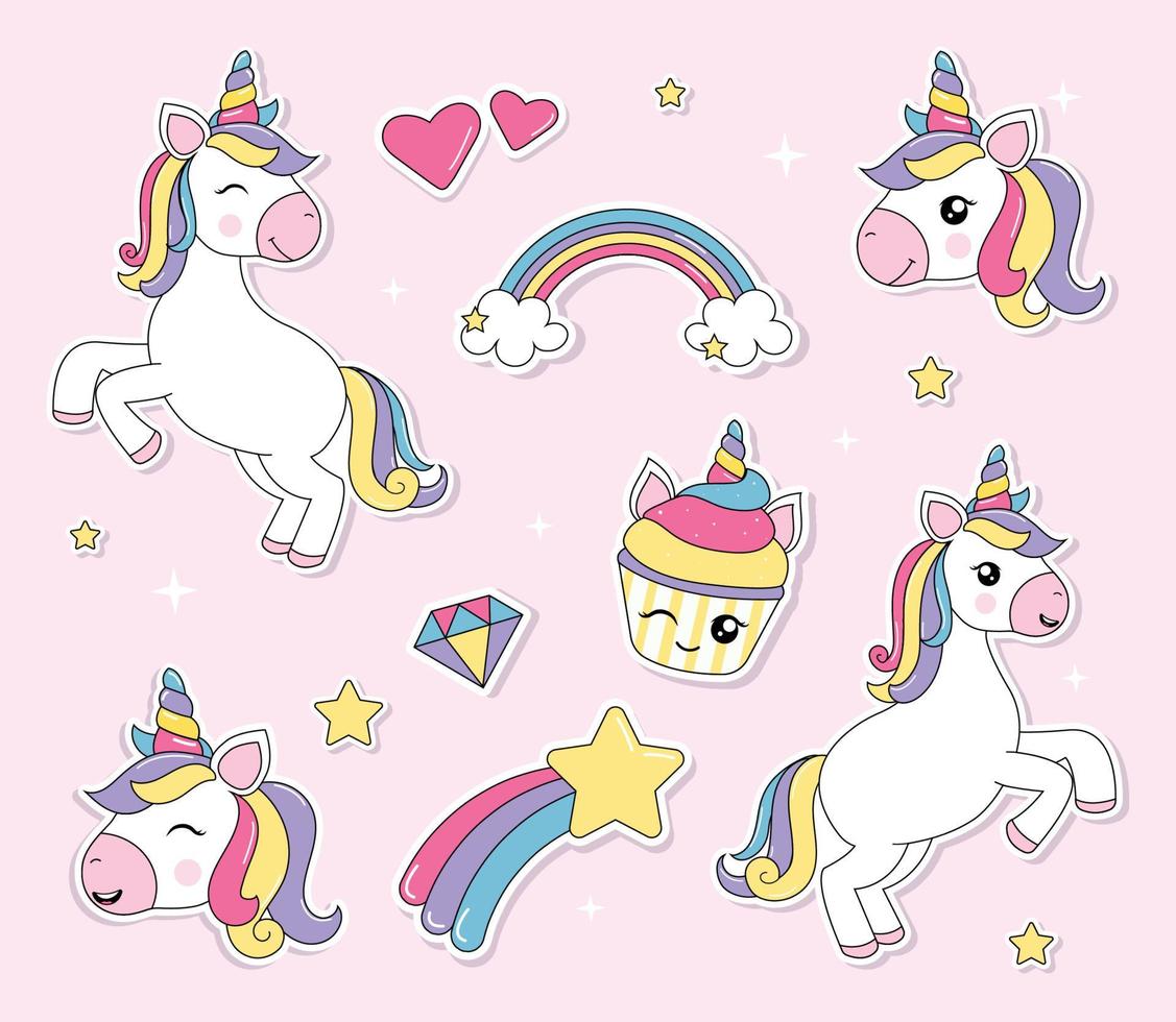 lindo paquete de pegatinas de unicornio 4954570 Vector en Vecteezy