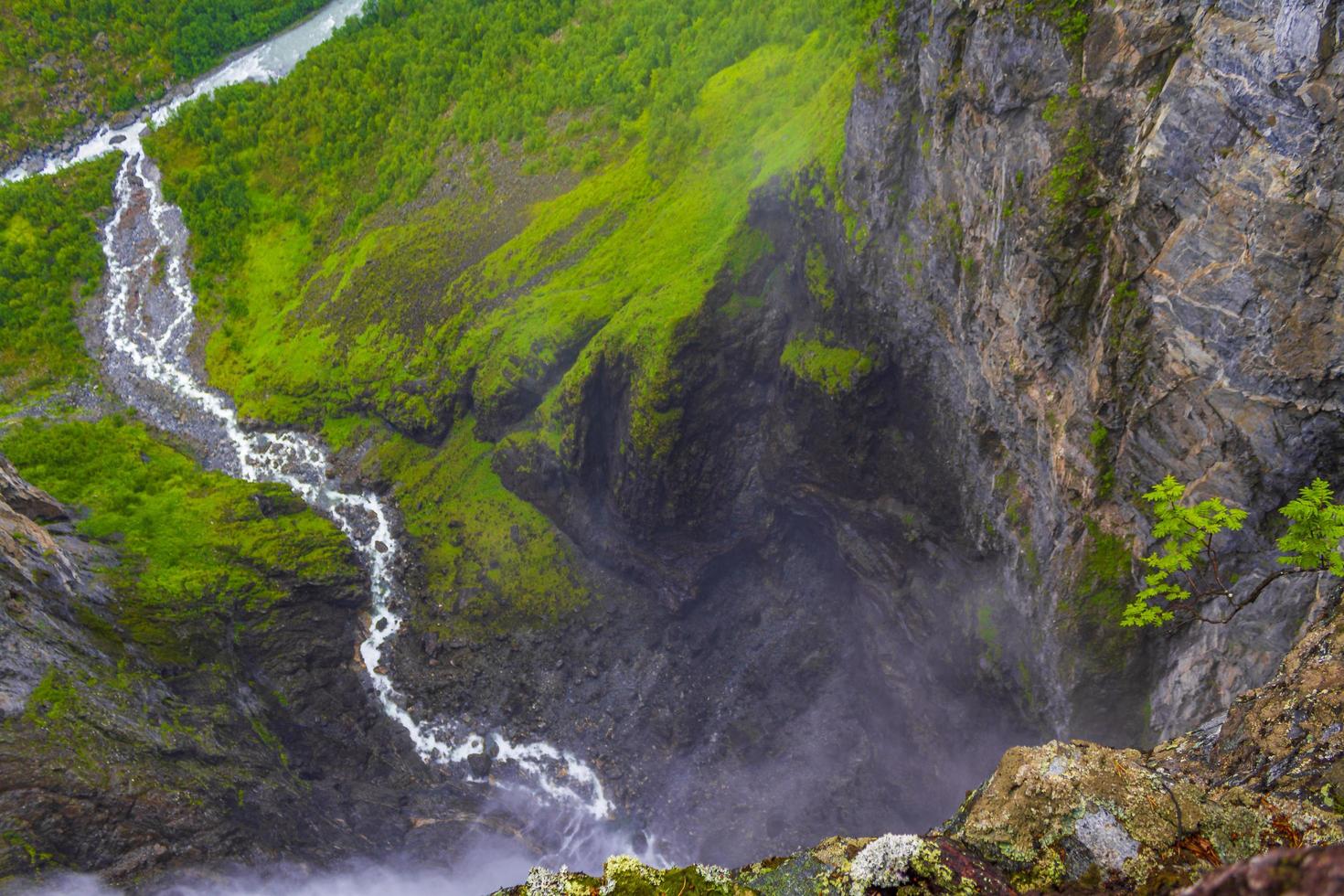 Highest freefall waterfall Vettisfossen from above Utladalen Norway norwegian landscapes. photo
