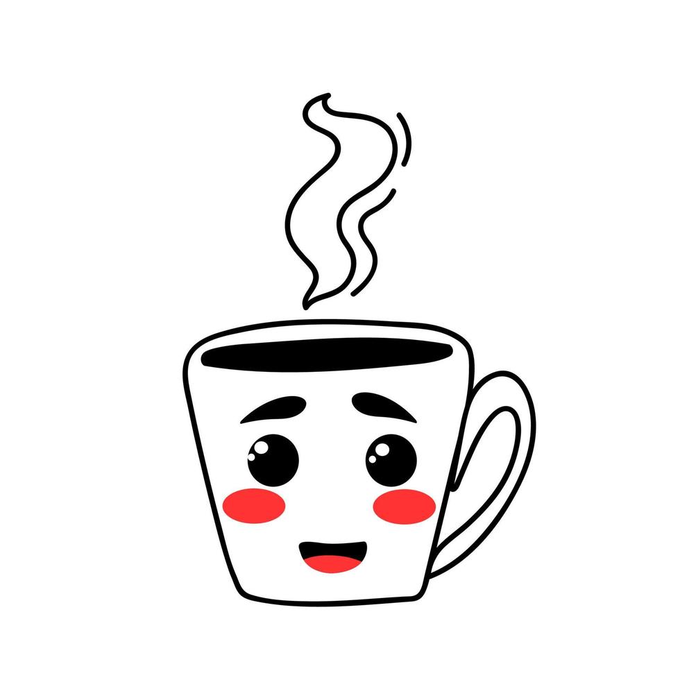 Taza kawaii de té o café caliente con emociones faciales. vector