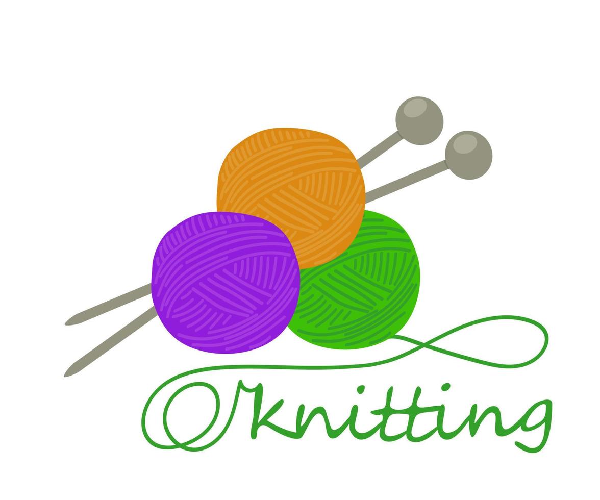 Balls of Colored Yarn with Needles and Lettering - Knitting. vector