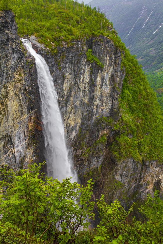 Amazing highest waterfall Vettisfossen Utladalen Norway most beautiful norwegian landscapes. photo
