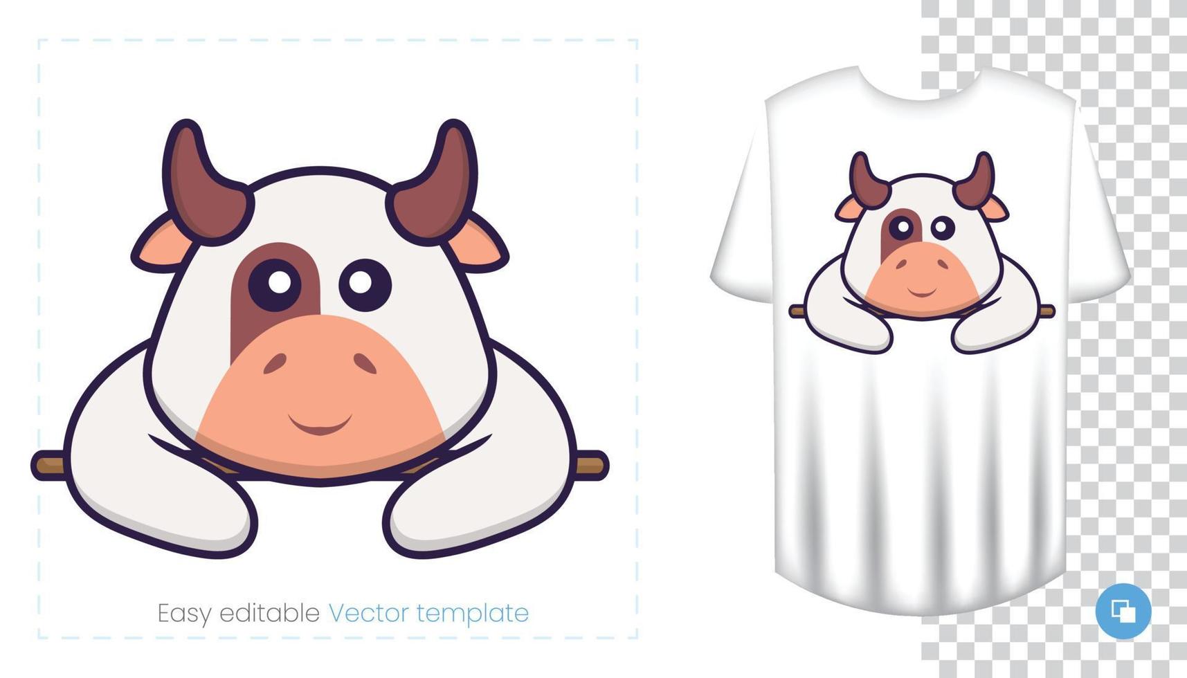 lindo personaje de vaca. estampados en camisetas, sudaderas, fundas para móviles, souvenirs. Ilustración de vector aislado sobre fondo blanco.