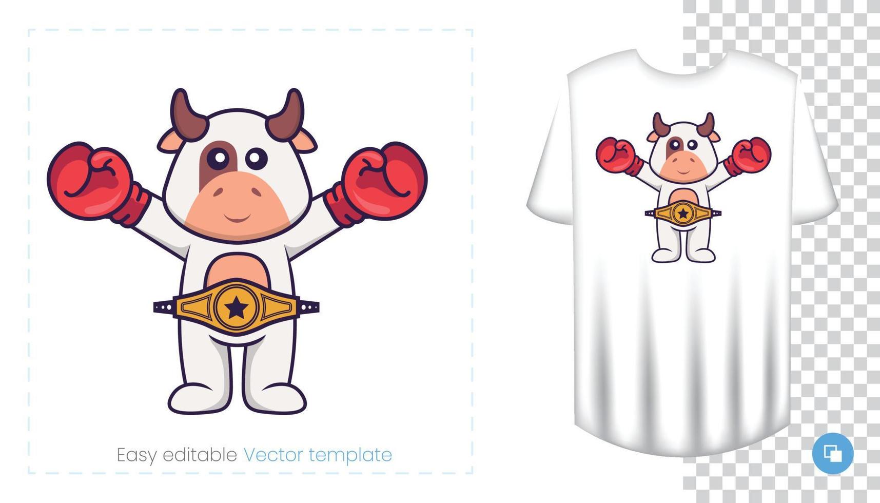 lindo personaje de vaca. estampados en camisetas, sudaderas, fundas para móviles, souvenirs. Ilustración de vector aislado sobre fondo blanco.