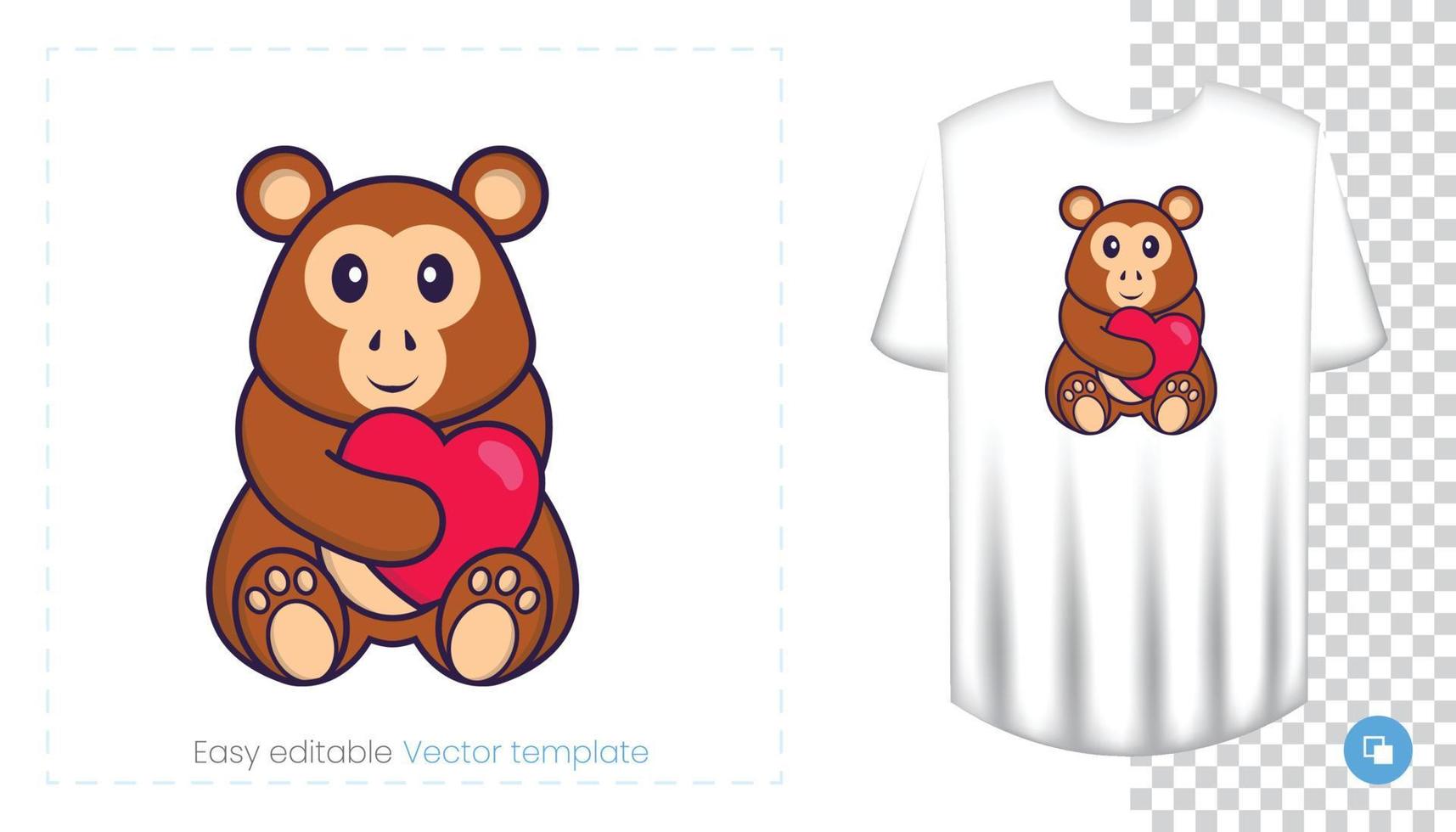 Cute monkey character. Prints on T-shirts, sweatshirts, cases for mobile phones, souvenirs. Isolated vector illustration on white background.