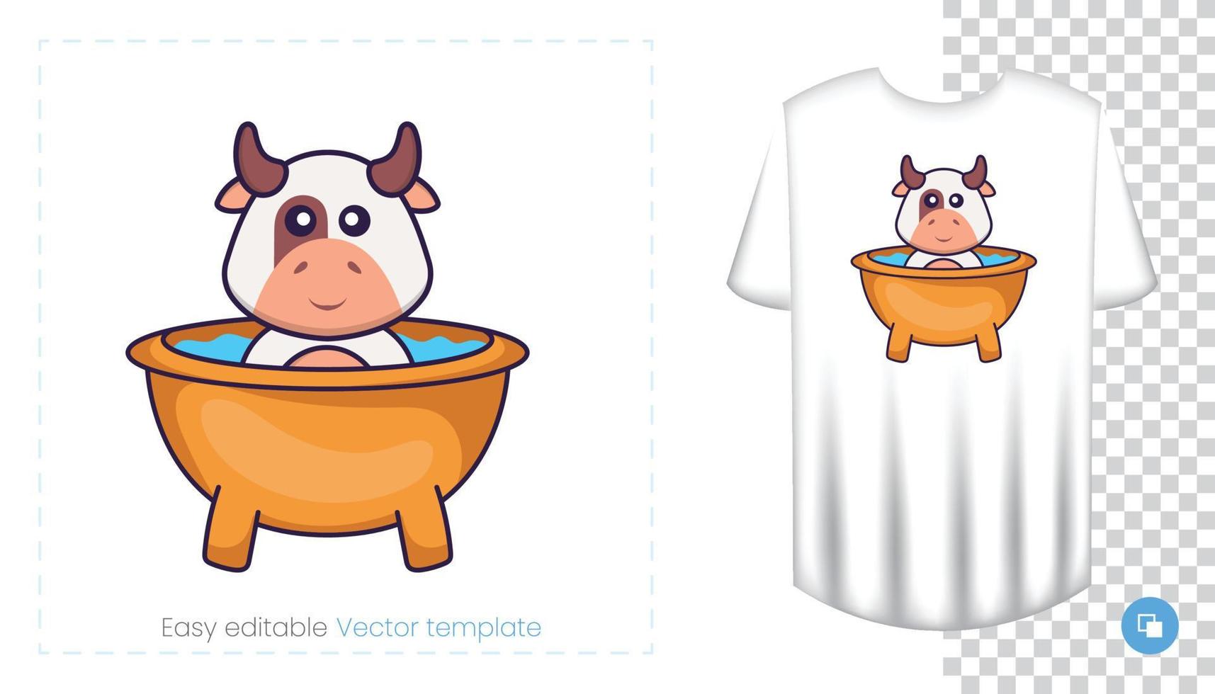 lindo personaje de vaca. estampados en camisetas, sudaderas, fundas para móviles, souvenirs. Ilustración de vector aislado sobre fondo blanco.