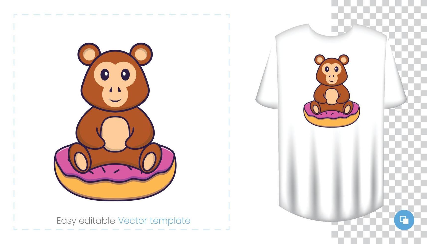 Cute monkey character. Prints on T-shirts, sweatshirts, cases for mobile phones, souvenirs. Isolated vector illustration on white background.