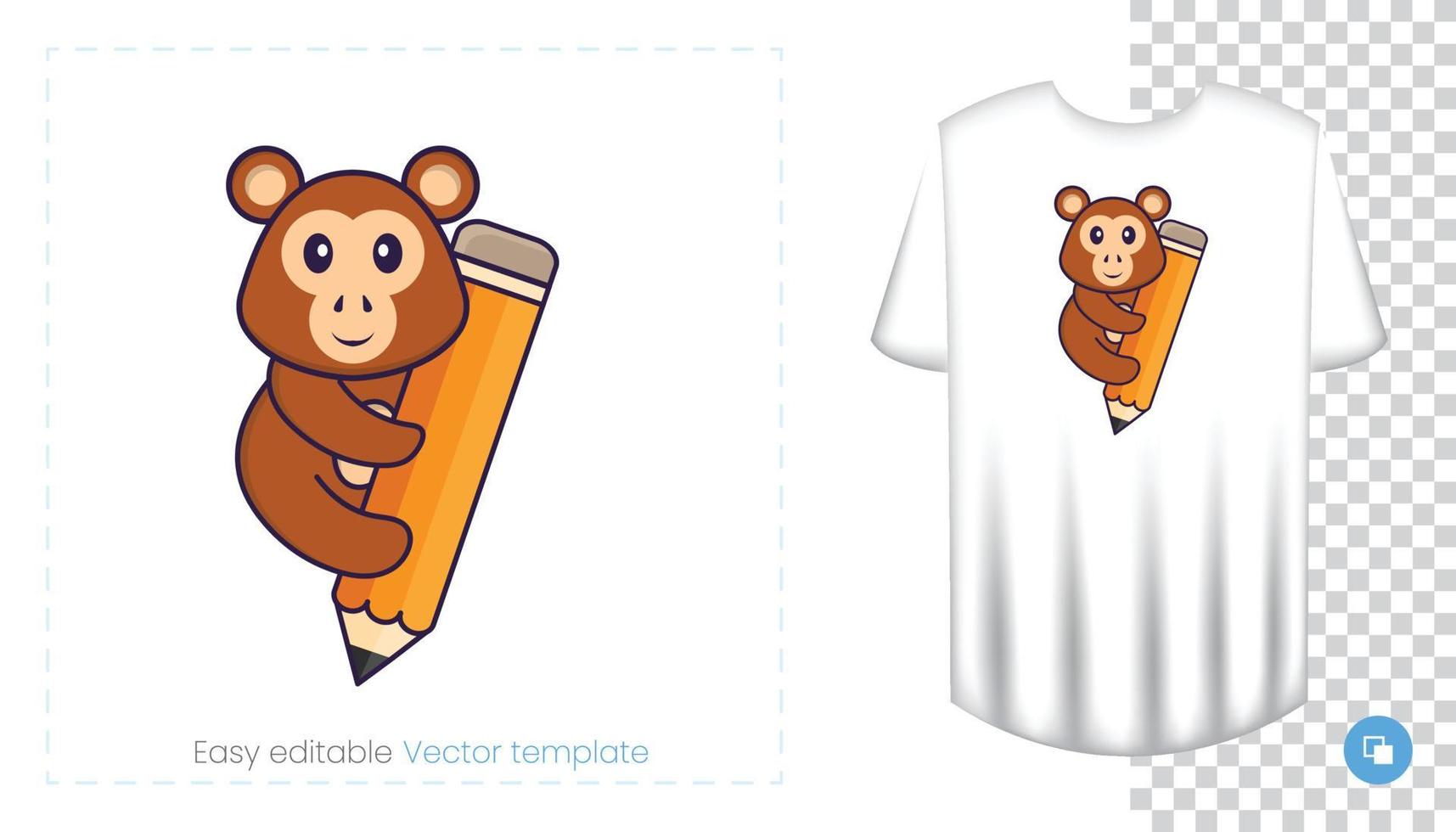 Cute monkey character. Prints on T-shirts, sweatshirts, cases for mobile phones, souvenirs. Isolated vector illustration on white background.