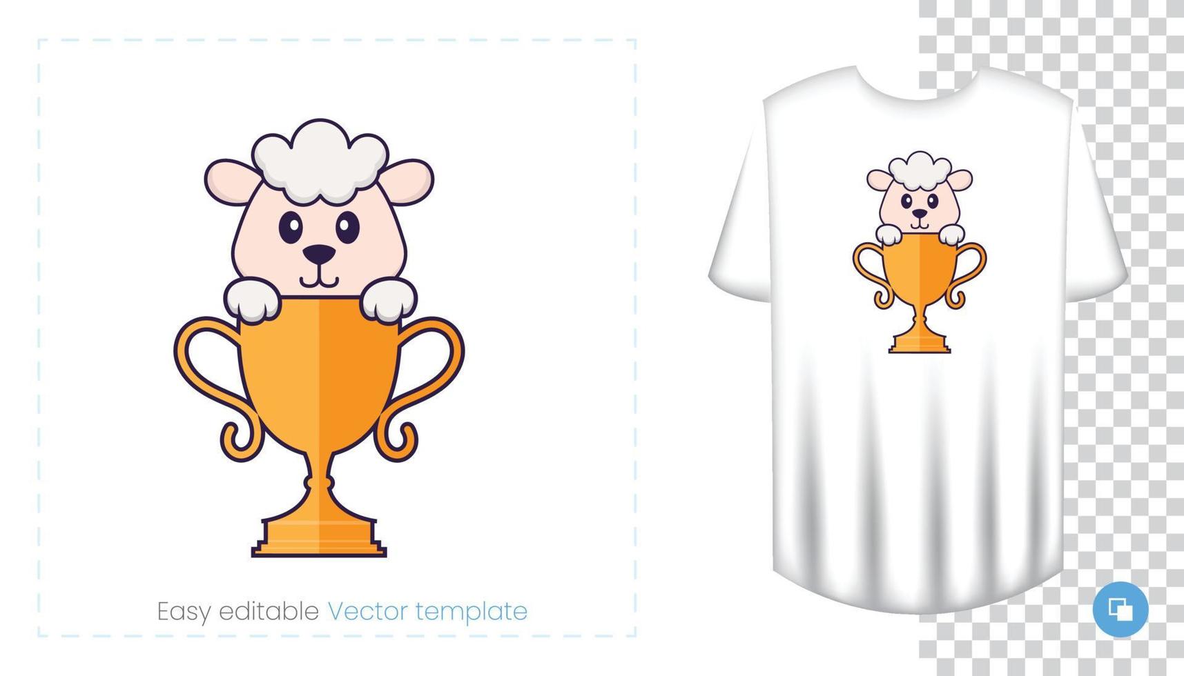 Cute sheep character. Prints on T-shirts, sweatshirts, cases for mobile phones, souvenirs. Isolated vector illustration on white background.