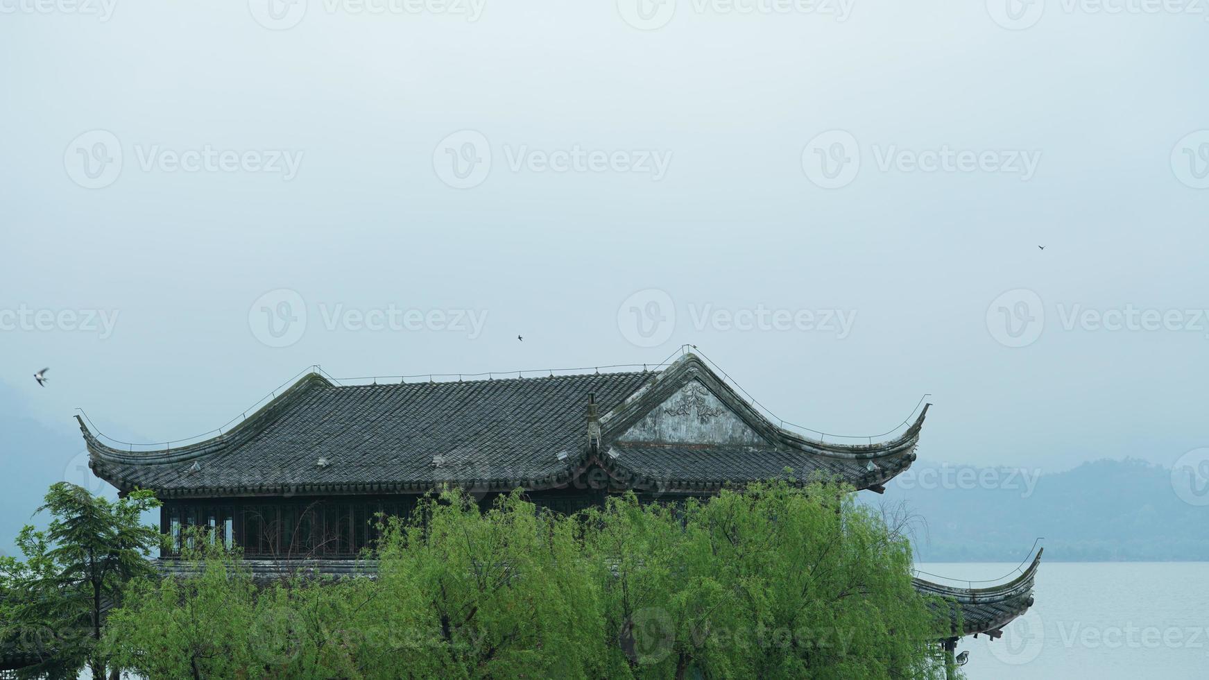 The beautiful lake landscapes in the Hangzhou city of the China in spring with the peaceful lake and fresh green mountains photo