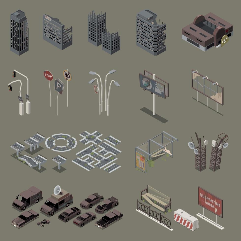 Post Apocalypse City Isometric Set vector